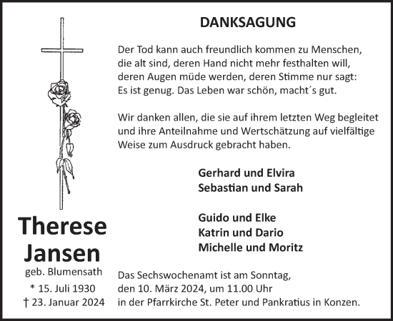 Traueranzeige von Therese Jansen von WochenSpiegel