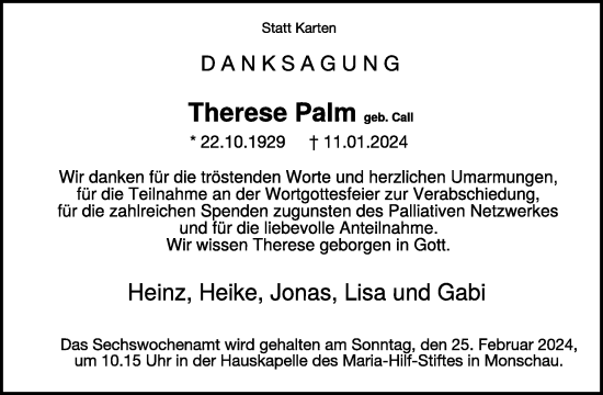 Traueranzeige von Therese Palm von WochenSpiegel