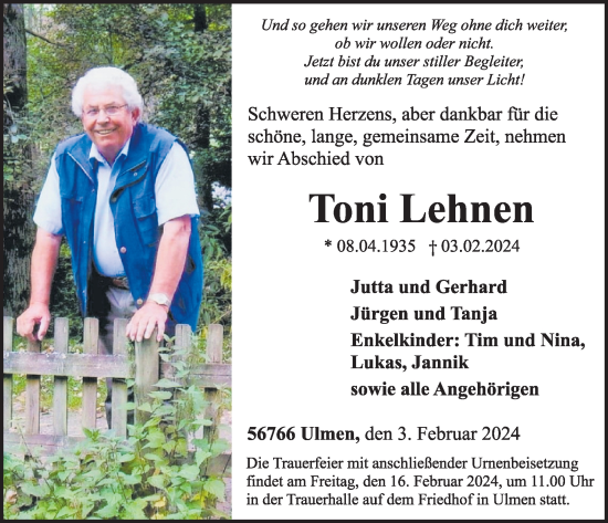 Traueranzeige von Toni Lehnen von WochenSpiegel