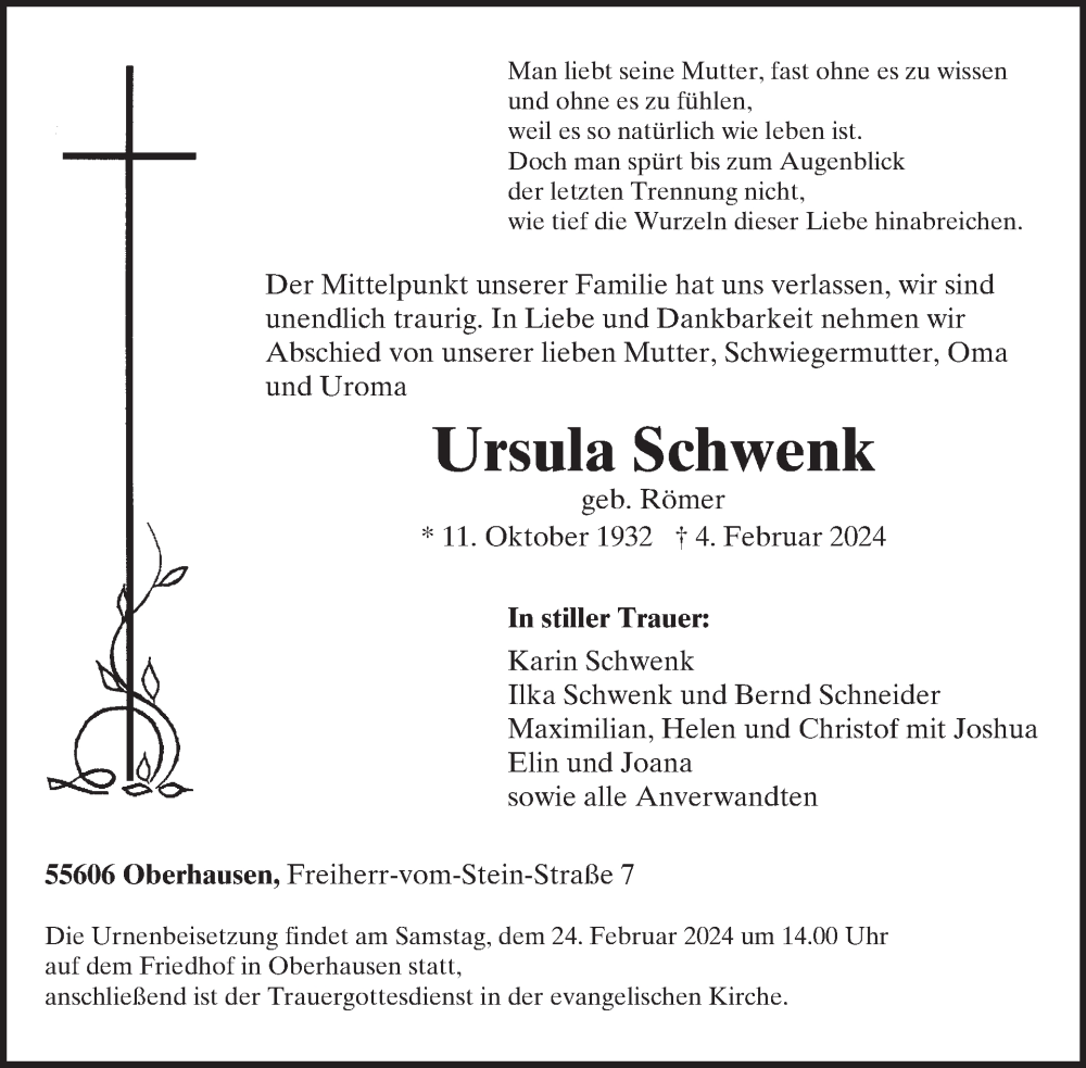  Traueranzeige für Ursula Schwenk vom 10.02.2024 aus WochenSpiegel