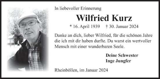 Traueranzeige von Wilfried Kurz von WochenSpiegel