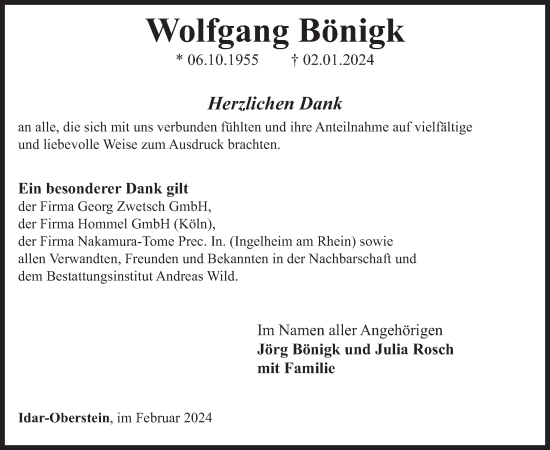 Traueranzeige von Wolfgang Bönigk von WochenSpiegel