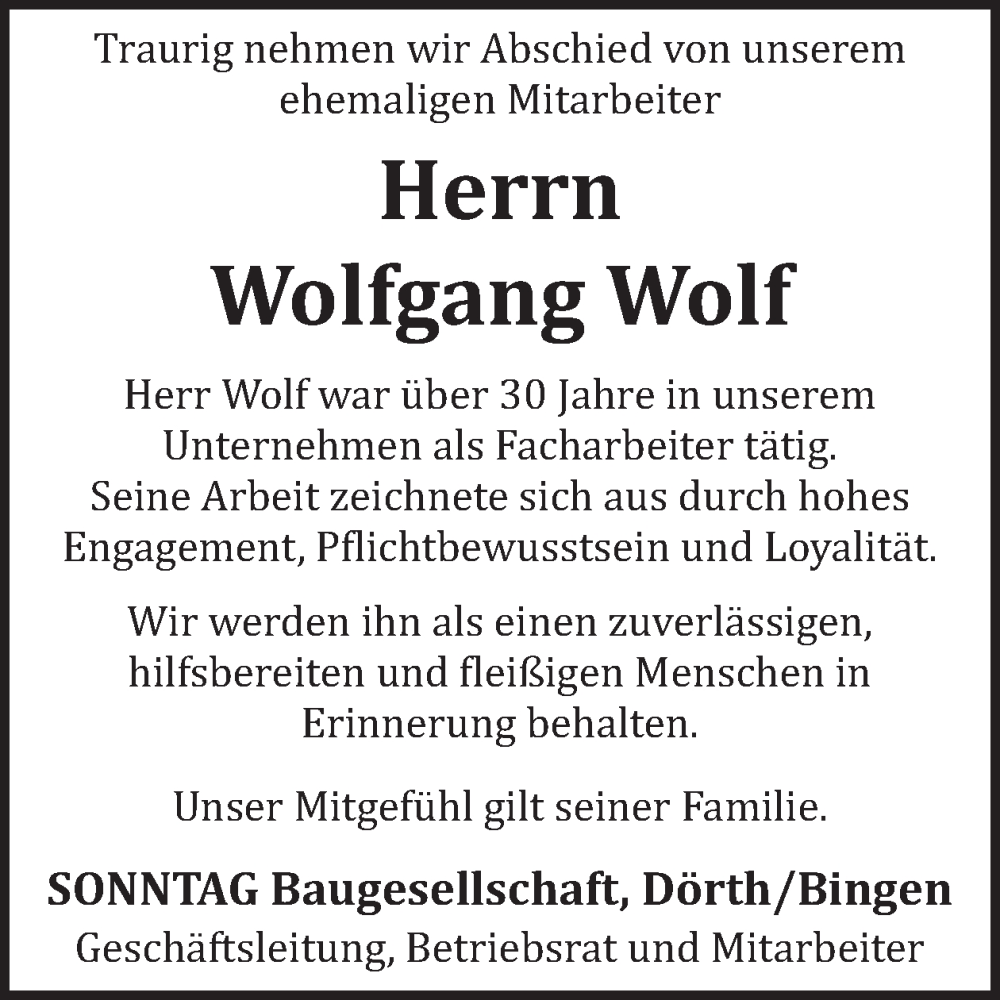 Traueranzeige für Wolfgang Wolf vom 10.02.2024 aus WochenSpiegel