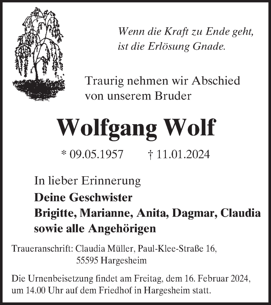  Traueranzeige für Wolfgang Wolf vom 10.02.2024 aus WochenSpiegel