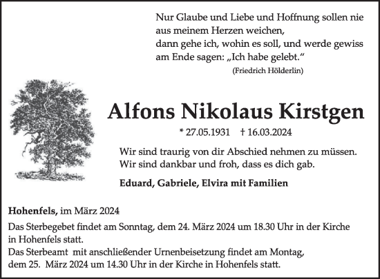 Traueranzeige von Alfons Nikolaus Kirstgen von WochenSpiegel