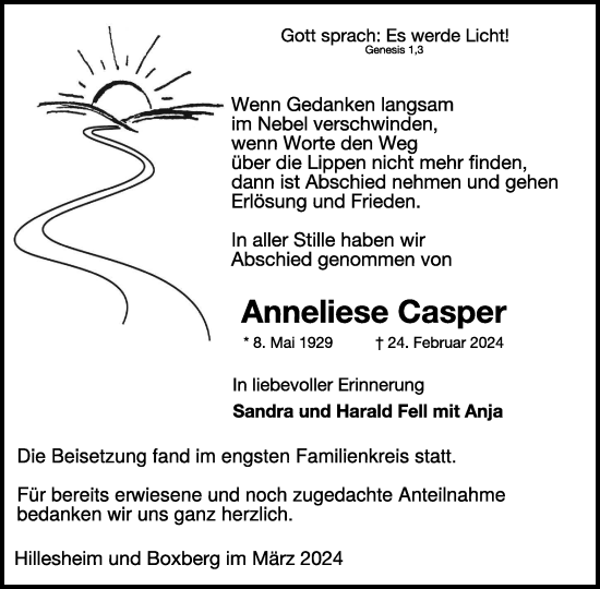 Traueranzeige von Anneliese Casper von WochenSpiegel