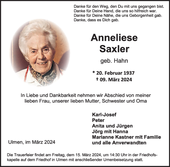 Traueranzeige von Anneliese Saxler von WochenSpiegel