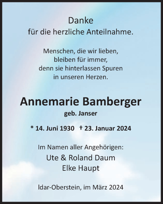 Traueranzeige von Annemarie Bamberger von WochenSpiegel