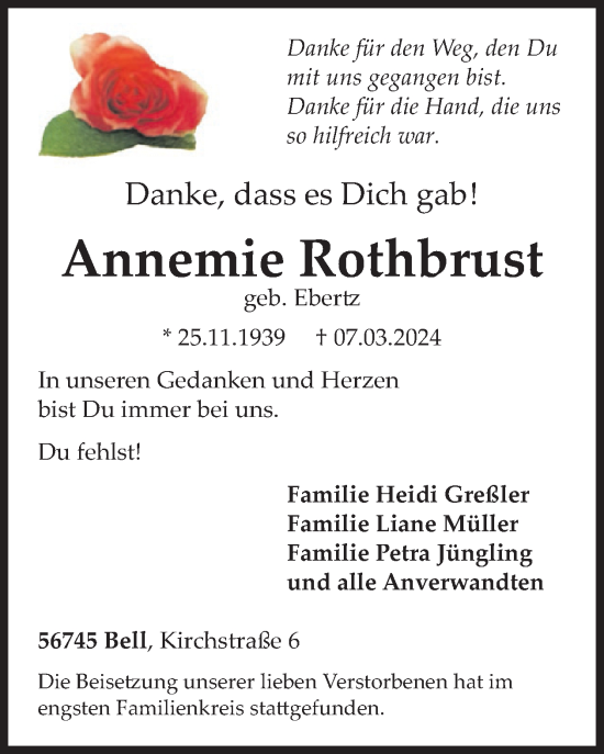 Traueranzeige von Annemie Rothbrust von WochenSpiegel