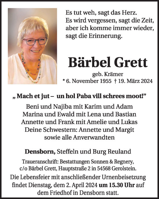 Traueranzeige von Bärbel Grett von WochenSpiegel