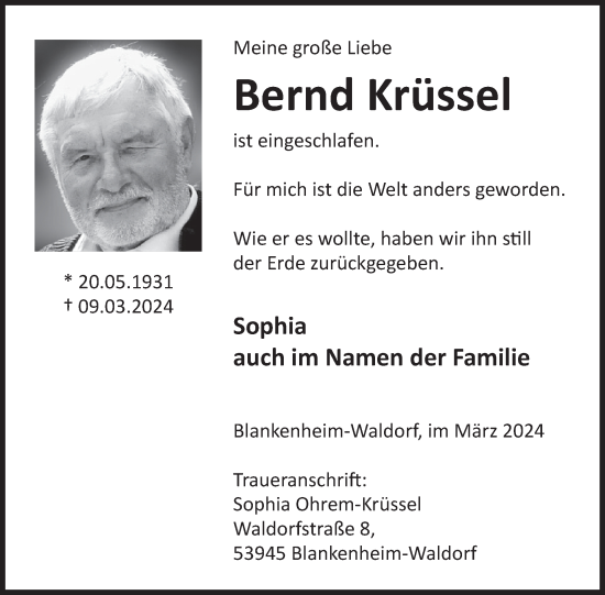 Traueranzeige von Bernd Krüssel von WochenSpiegel