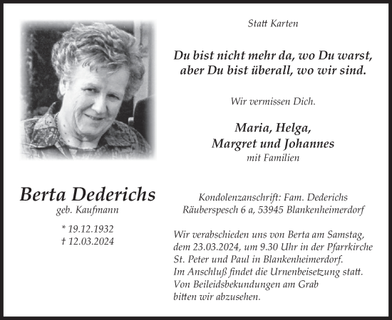 Traueranzeige von Berta Dederichs von WochenSpiegel