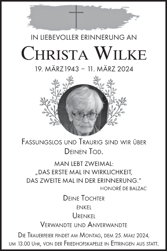 Traueranzeige von Christa Wilke von WochenSpiegel