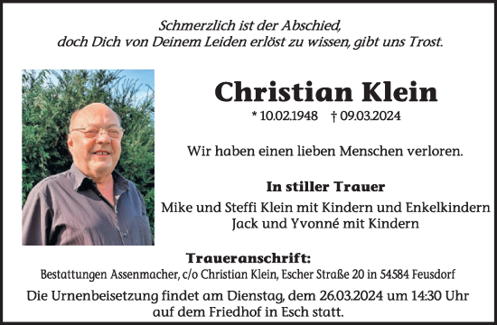 Traueranzeige von Christian Klein von WochenSpiegel