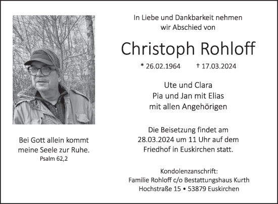 Traueranzeige von Christoph Rohloff von WochenSpiegel