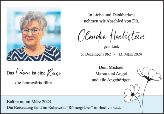 Traueranzeige von Claudia Hochstein von WochenSpiegel