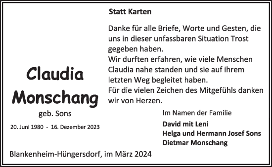 Traueranzeige von Claudia Monschang von WochenSpiegel