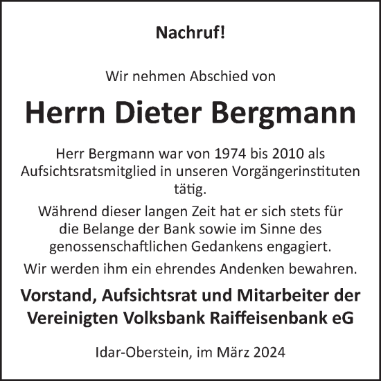 Traueranzeige von Dieter Bergmann von WochenSpiegel