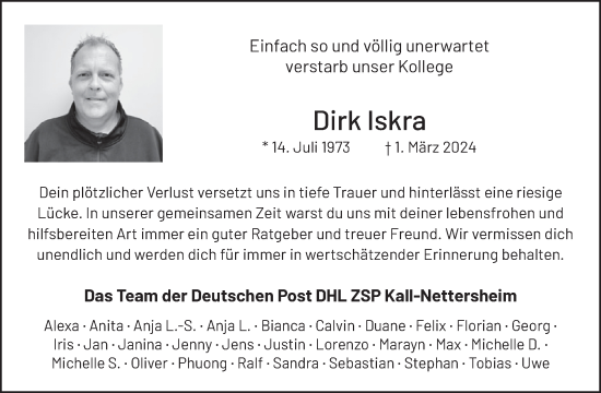 Traueranzeige von Dirk Iskra von WochenSpiegel