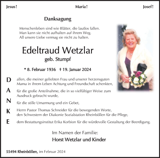 Traueranzeige von Edeltraud Wetzlar von WochenSpiegel