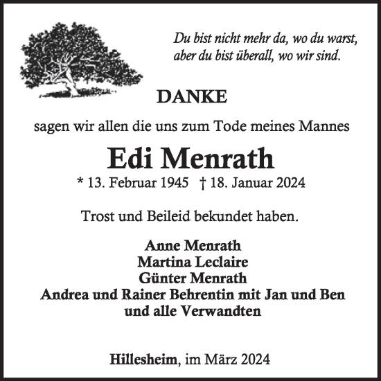 Traueranzeige von Edi Menrath von WochenSpiegel