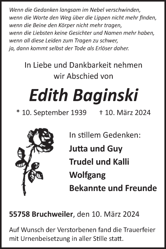 Traueranzeige von Edith Baginski von WochenSpiegel