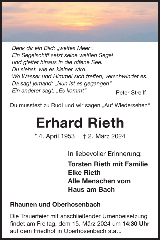 Traueranzeige von Erhard Rieth von WochenSpiegel