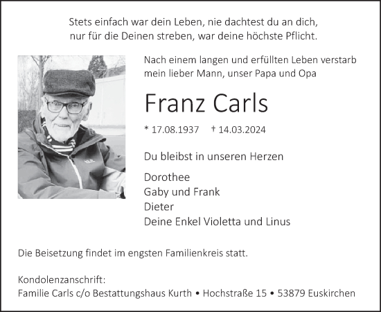 Traueranzeige von Franz Carls von WochenSpiegel