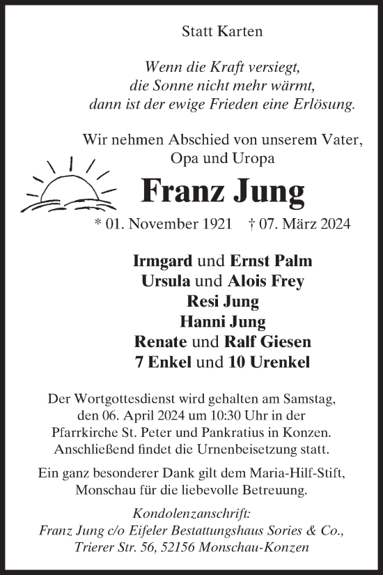 Traueranzeige von Franz Jung von WochenSpiegel