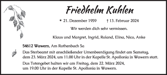 Traueranzeige von Friedhelm Kuhlen von WochenSpiegel