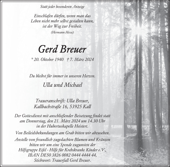 Traueranzeige von Gerd Breuer von WochenSpiegel