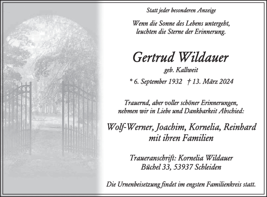 Traueranzeige von Gertrud Wildauer von WochenSpiegel