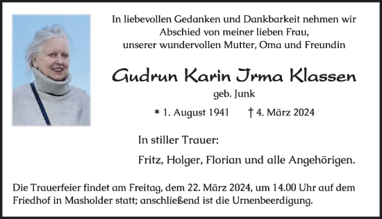 Traueranzeige von Gudrun Karin Irma Klassen von WochenSpiegel