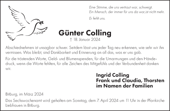 Traueranzeige von Günter Colling von WochenSpiegel