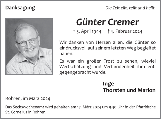 Traueranzeige von Günter Cremer von WochenSpiegel