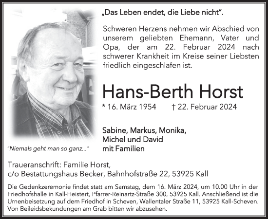 Traueranzeige von Hans-Berth Horst von WochenSpiegel