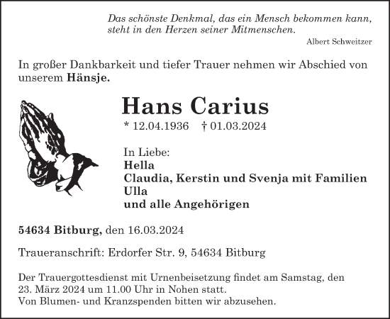 Traueranzeige von Hans Carius von WochenSpiegel