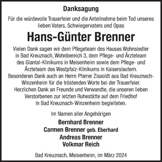 Traueranzeige von Hans-Günter Brenner von WochenSpiegel