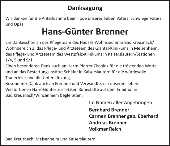 Traueranzeige von Hans-Günter Brenner von WochenSpiegel