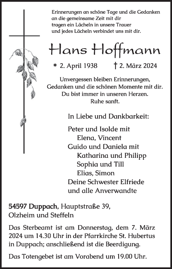 Traueranzeige von Hans Hoffmann von WochenSpiegel