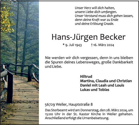 Traueranzeige von Hans-Jürgen Becker von WochenSpiegel