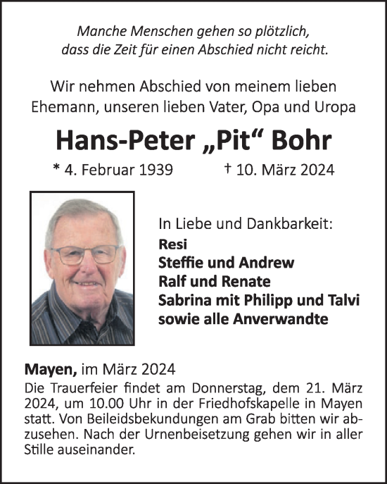 Traueranzeige von Hans-Peter Bohr von WochenSpiegel