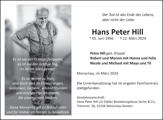 Traueranzeige von Hans Peter Hill von WochenSpiegel