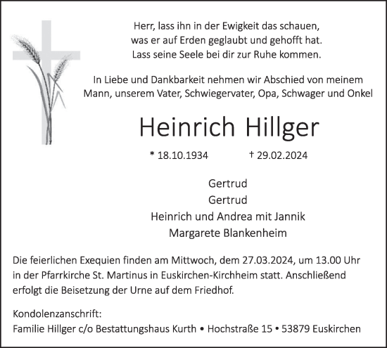 Traueranzeige von Heinrich Hillger von WochenSpiegel