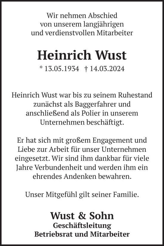 Traueranzeige von Heinrich Wust von WochenSpiegel