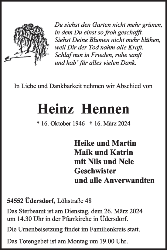 Traueranzeige von Heinz Hennen von WochenSpiegel