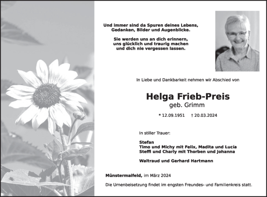 Traueranzeige von Helga Frieb-Preis von WochenSpiegel