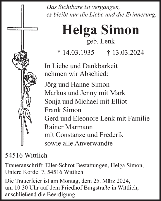 Traueranzeige von Helga Simon von WochenSpiegel