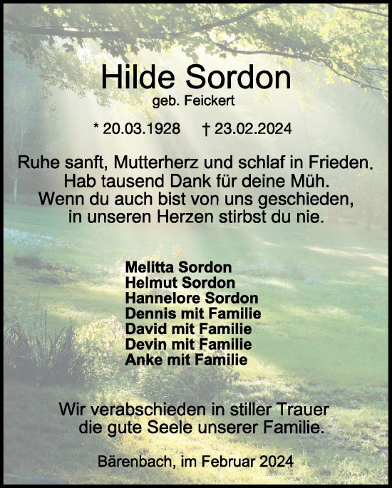 Traueranzeige von Hilde Sordon von WochenSpiegel