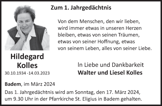 Traueranzeige von Hildegard Kolles von WochenSpiegel